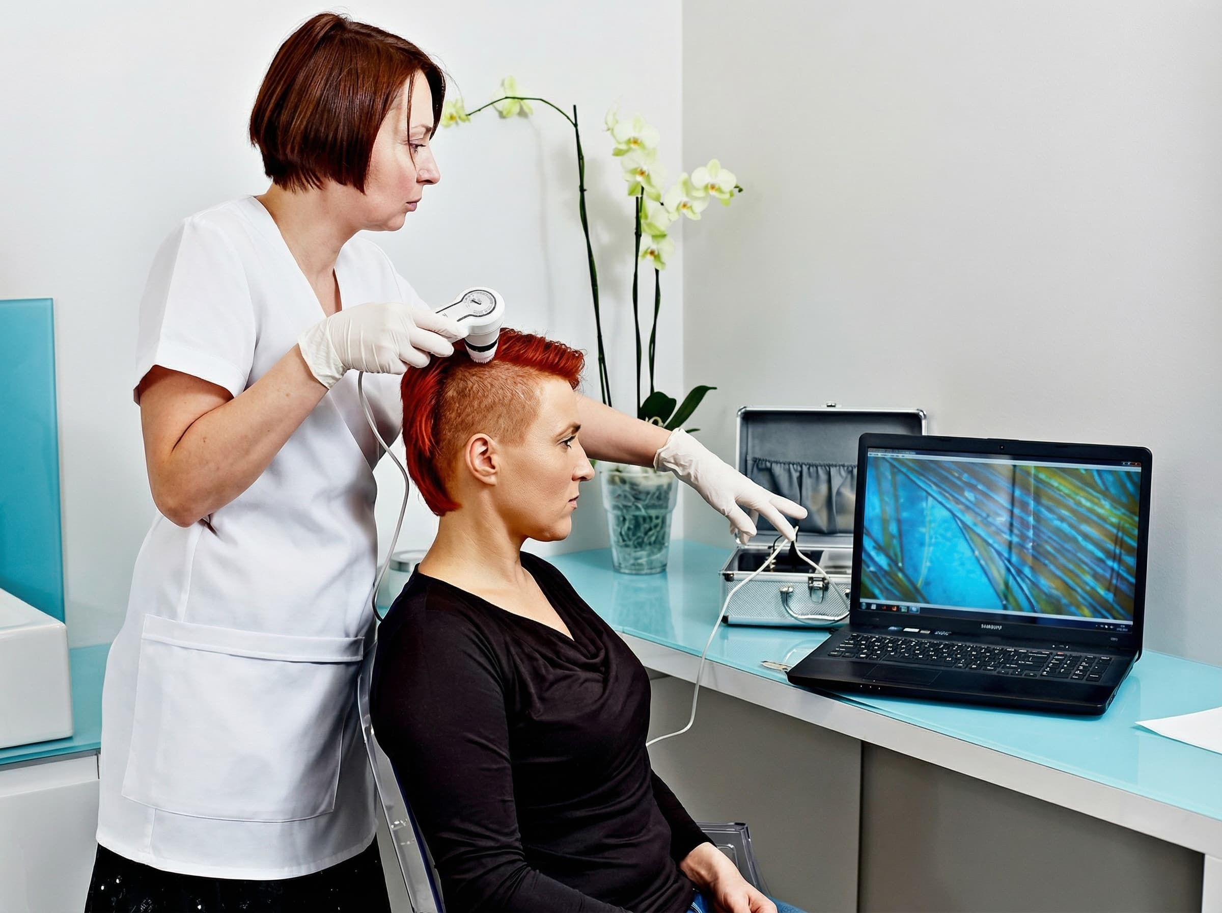 Trycholog w&nbsp;białym fartuchu bada skórę głowy pacjentki za&nbsp;pomocą mikrokamery. Obraz ze&nbsp;zbliżeniem włosów i&nbsp;skóry jest widoczny na&nbsp;ekranie laptopa stojącego na&nbsp;niebieskim blacie.