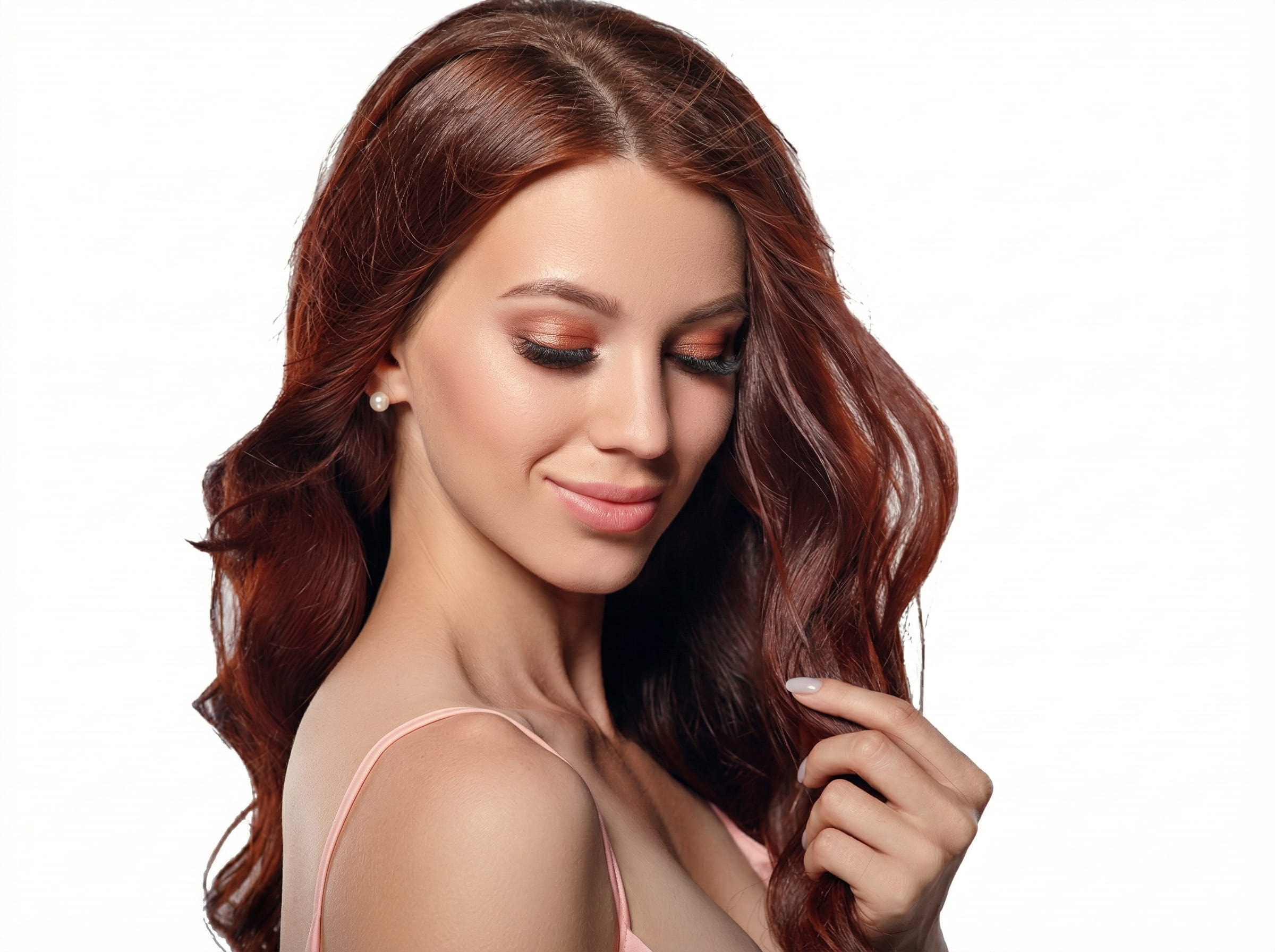 Kobieta z&nbsp;uśmiechem prezentuje długie, falowane włosy w&nbsp;ciepłym odcieniu brązu, uzyskane dzięki dopince.