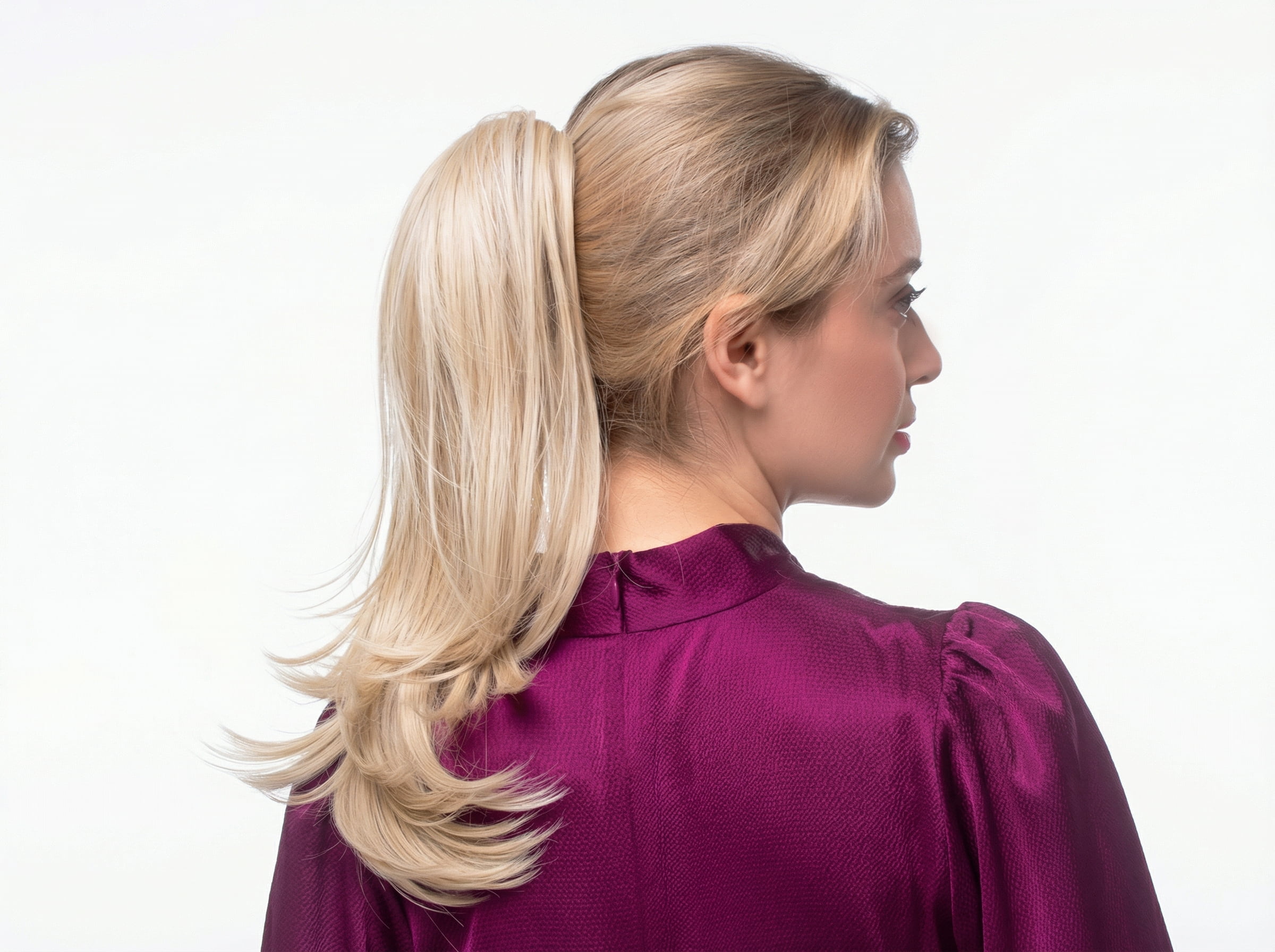 Kobieta w&nbsp;fioletowej bluzce prezentuje długą dopinkę‑kucyk w&nbsp;jasnym blondzie, upiętą wysoko na&nbsp;głowie.