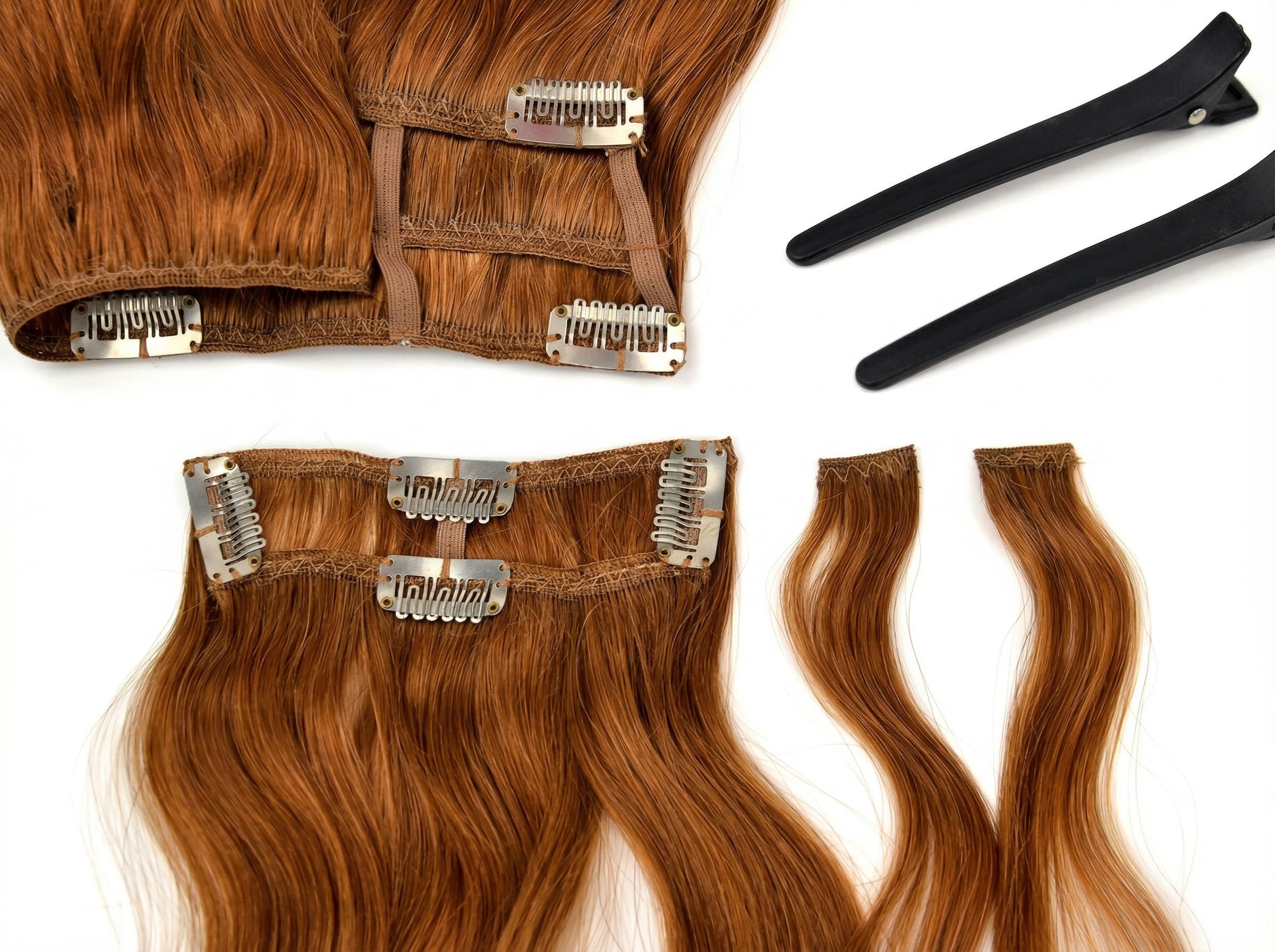 Zestaw dopinek clip‑in w&nbsp;ciepłym odcieniu brązu wraz z&nbsp;klipsami, rozłożony na&nbsp;białym tle.