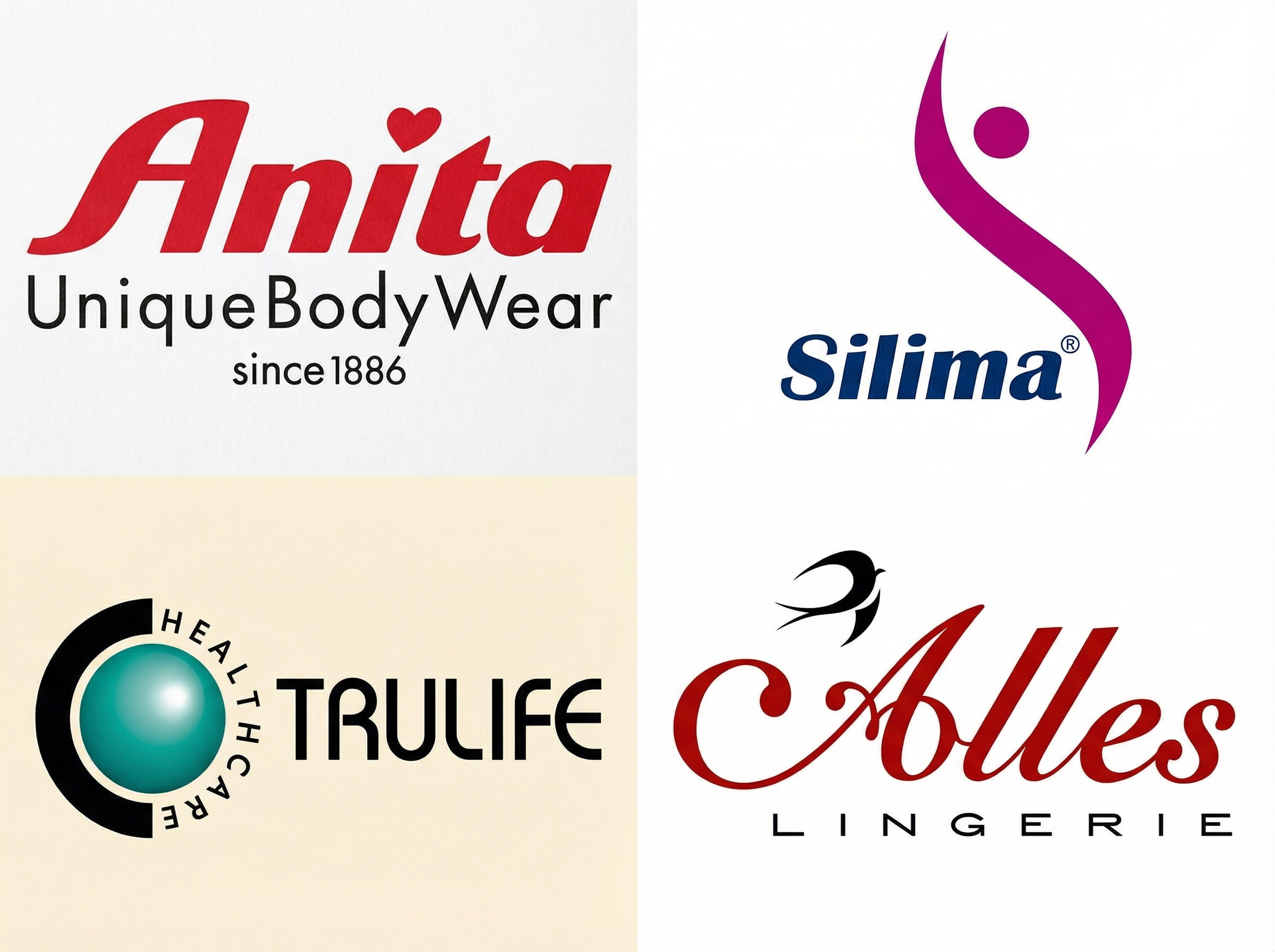 Zestawienie logotypów renomowanych marek medycznych: Anita UniqueBodyWear, Silima, Trulife oraz Alles Lingerie, produkujących bieliznę i&nbsp;protezy dla Amazonek.