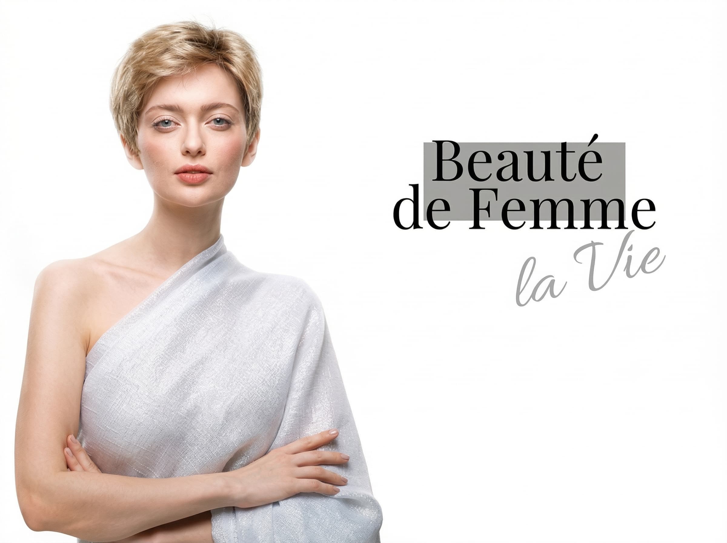 Kobieta w&nbsp;krótkiej, eleganckiej peruce medycznej blond z&nbsp;kolekcji Beauté de Femme la Vie od&nbsp;Rokoko. Subtelne cięcie zapewniające komfort i&nbsp;naturalny wygląd.