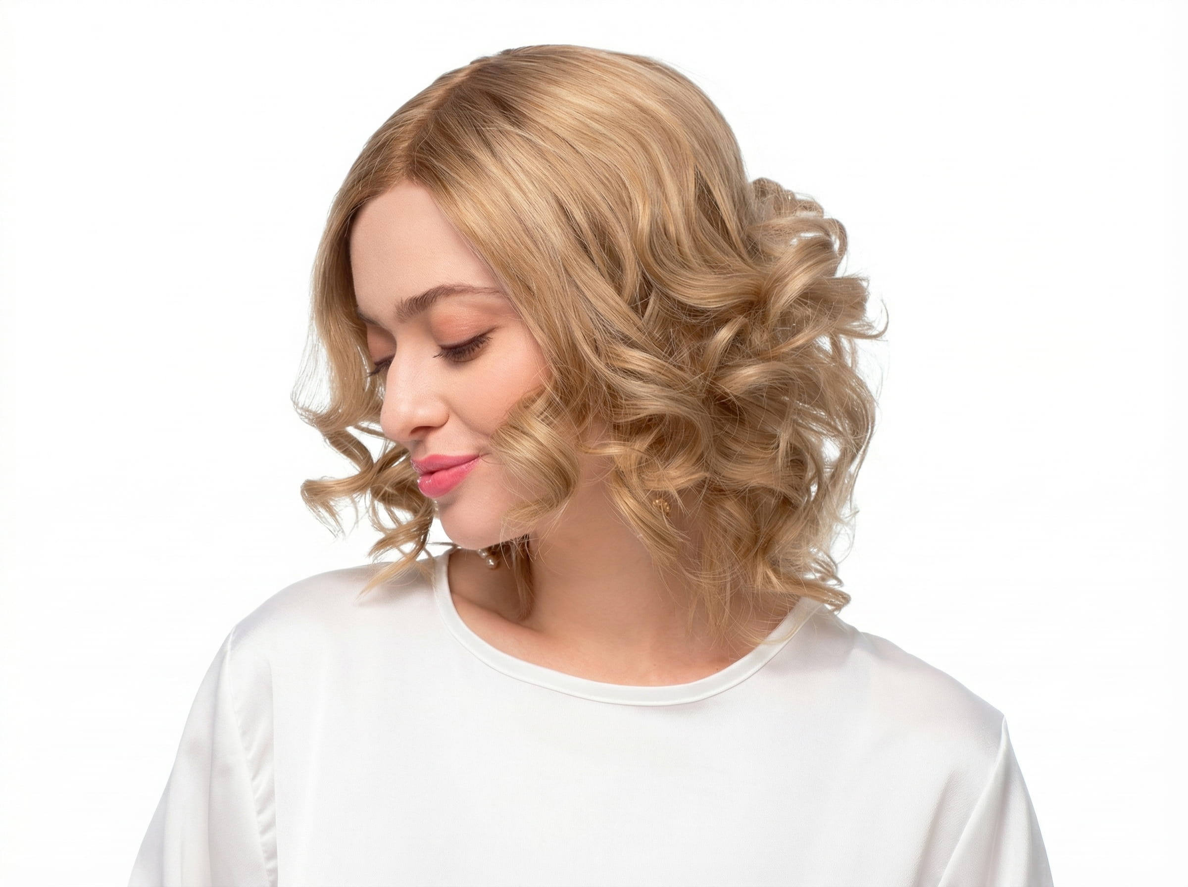 Kobieta w&nbsp;białej bluzce prezentuje pełną objętości, kręconą perukę z&nbsp;włosów naturalnych w&nbsp;odcieniu rozświetlonego blondu.
