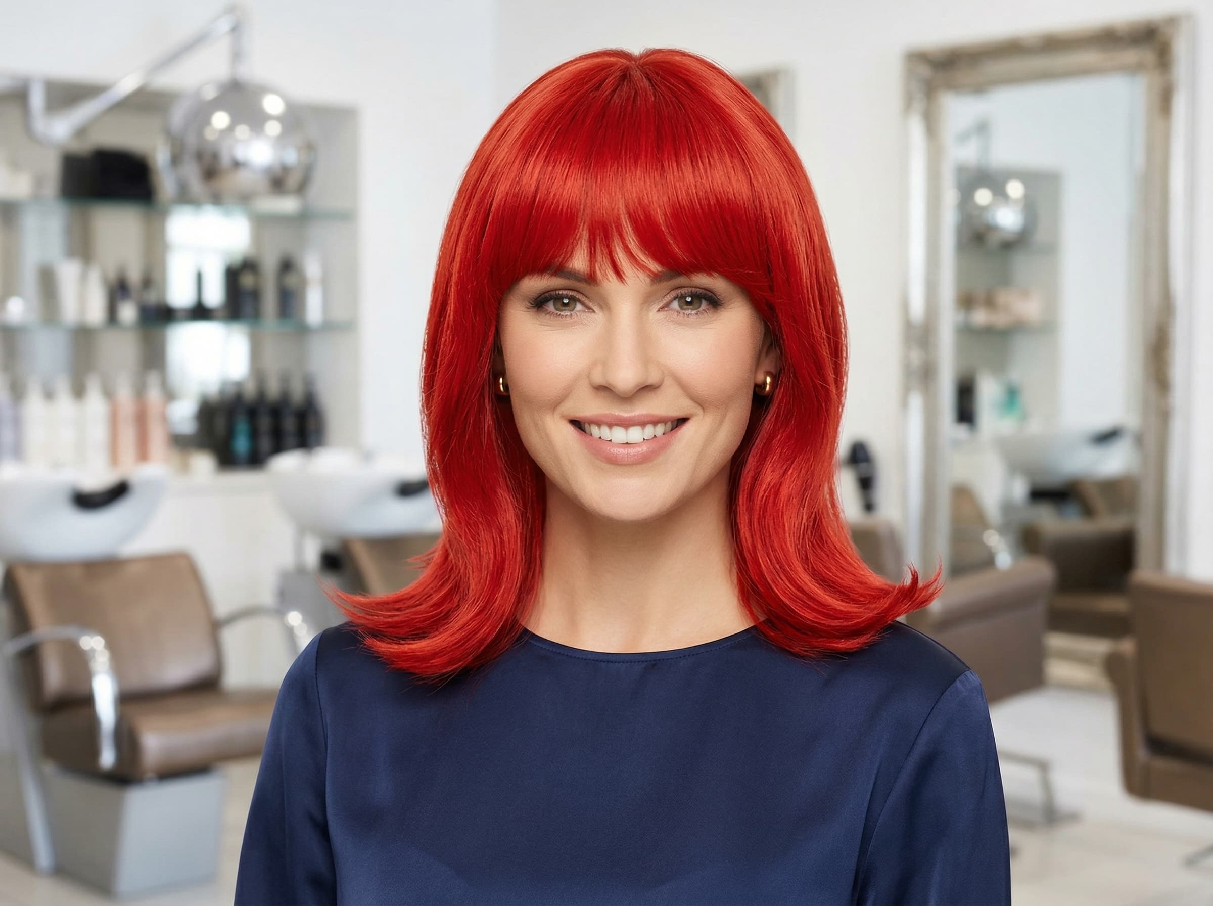 Uśmiechnięta kobieta w&nbsp;jaskrawo czerwonej peruce okazjonalnej o&nbsp;długości do&nbsp;ramion z&nbsp;prostą grzywką. Zdjęcie w&nbsp;jasnym wnętrzu profesjonalnego salonu fryzjerskiego Rokoko.