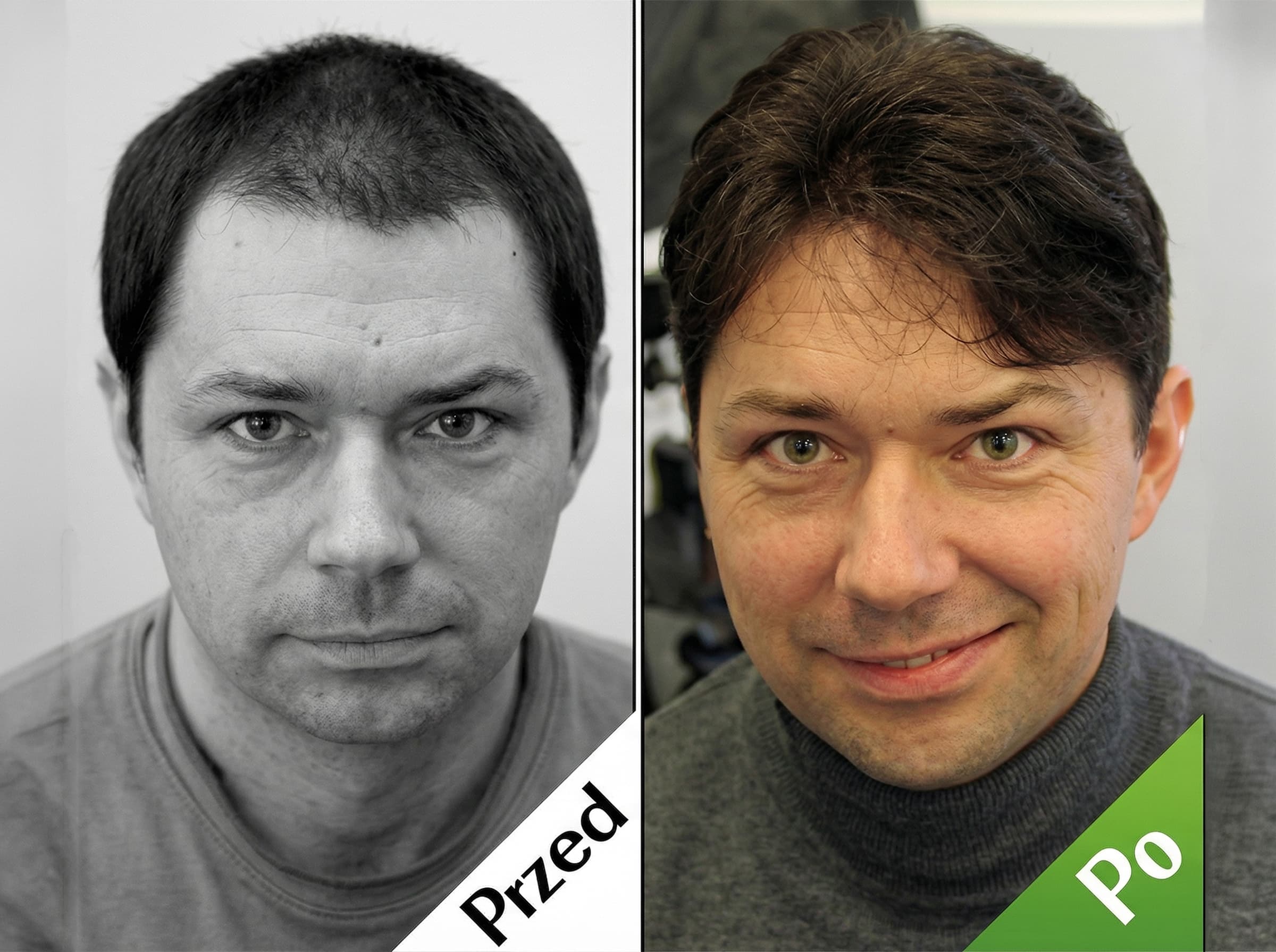 Zestawienie dwóch zdjęć twarzy tego samego mężczyzny. Po&nbsp;lewej stronie przed zabiegiem z&nbsp;widocznym łysieniem na&nbsp;czubku głowy. Po&nbsp;prawej stronie uśmiechnięty mężczyzna po&nbsp;aplikacji niechirurgicznego systemu uzupełniania włosów SecondHair.