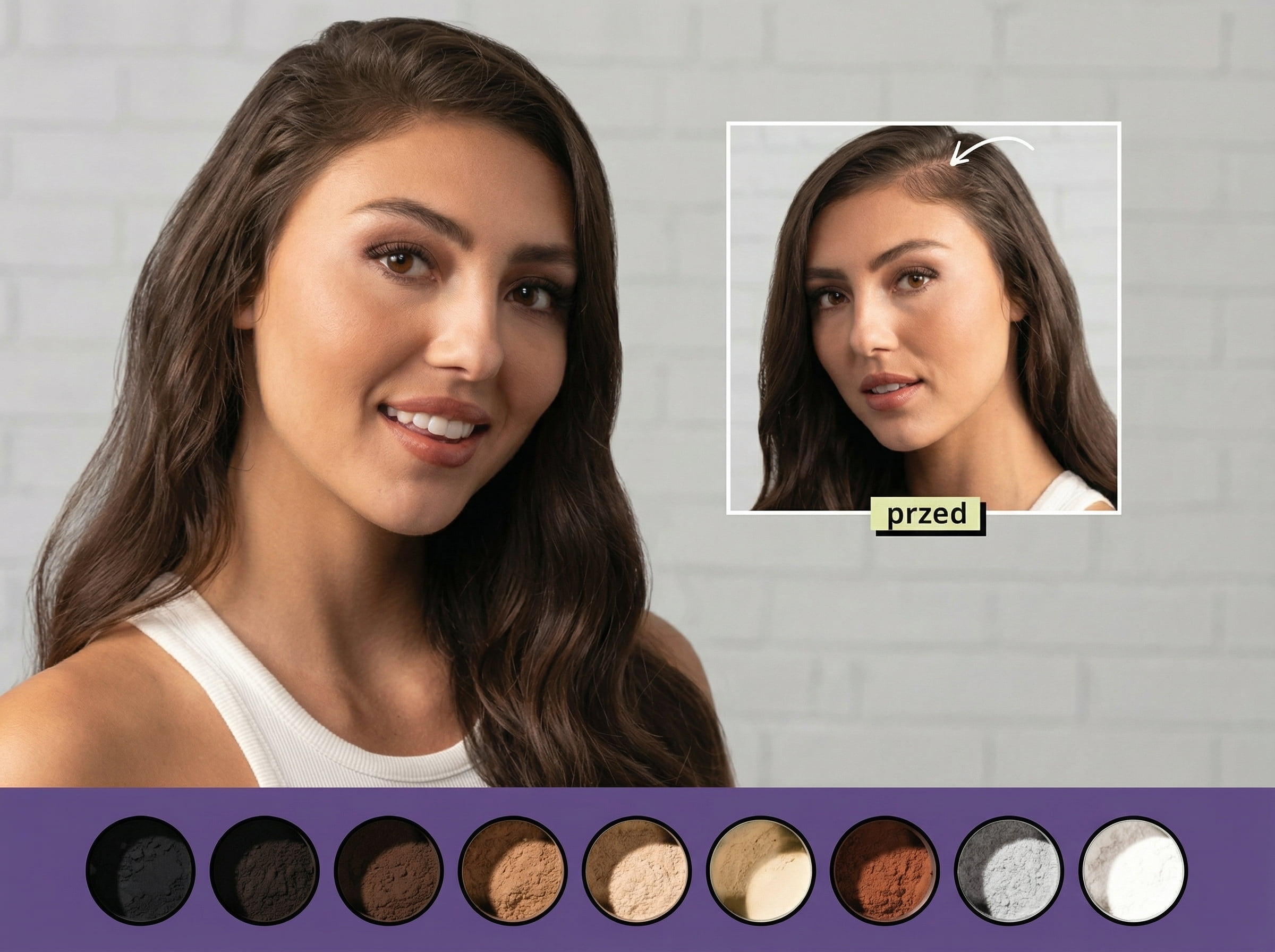 Kobieta z&nbsp;długimi, gęstymi włosami stoi obok paska z&nbsp;próbkami kolorów włókien Toppik od&nbsp;jasnego blondu po&nbsp;czerń.