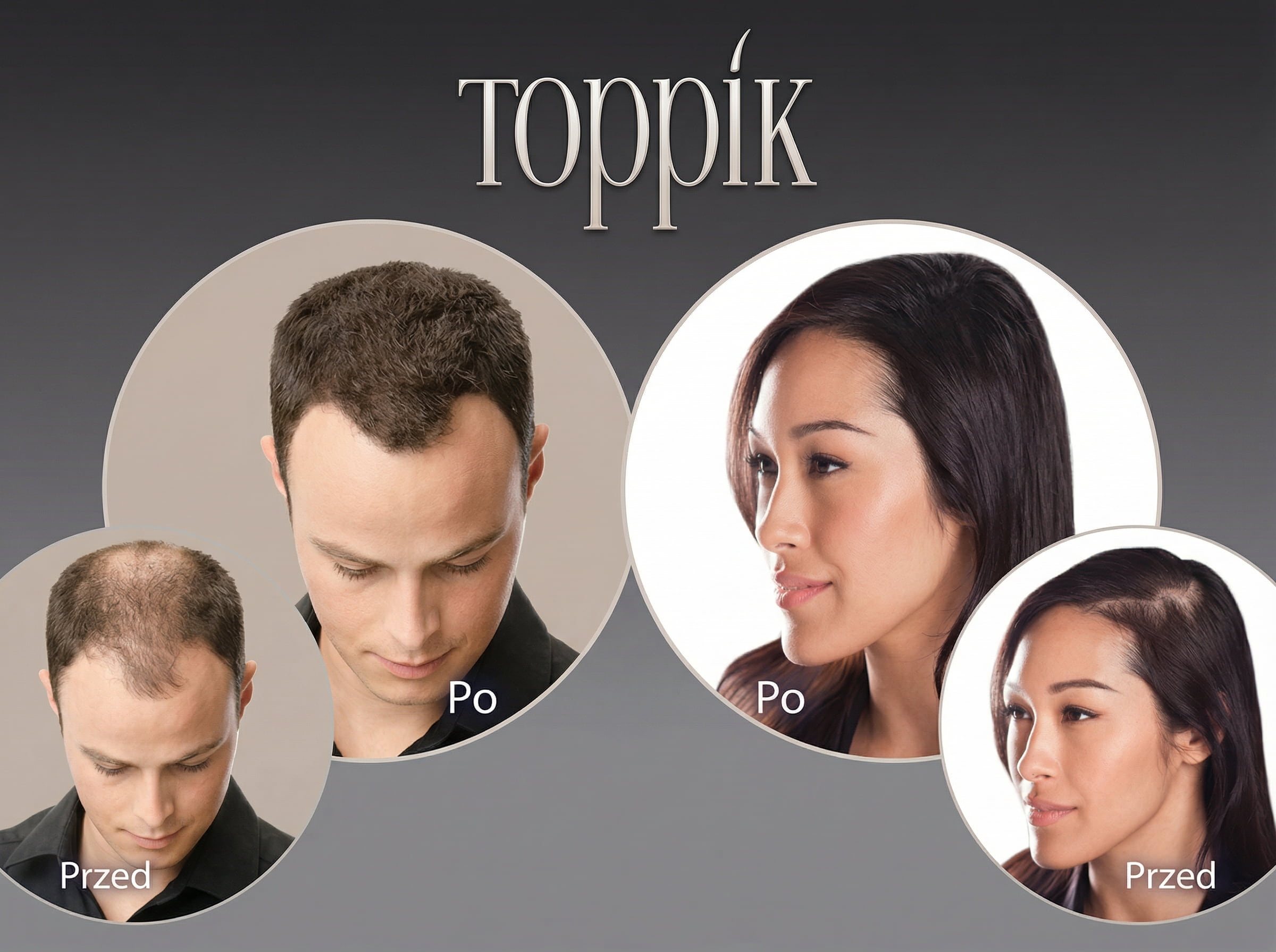 Kolaż kilku zdjęć osób z&nbsp;przerzedzonymi włosami przed użyciem Toppik oraz po&nbsp;aplikacji włókien z&nbsp;wyraźnie gęstszą fryzurą.