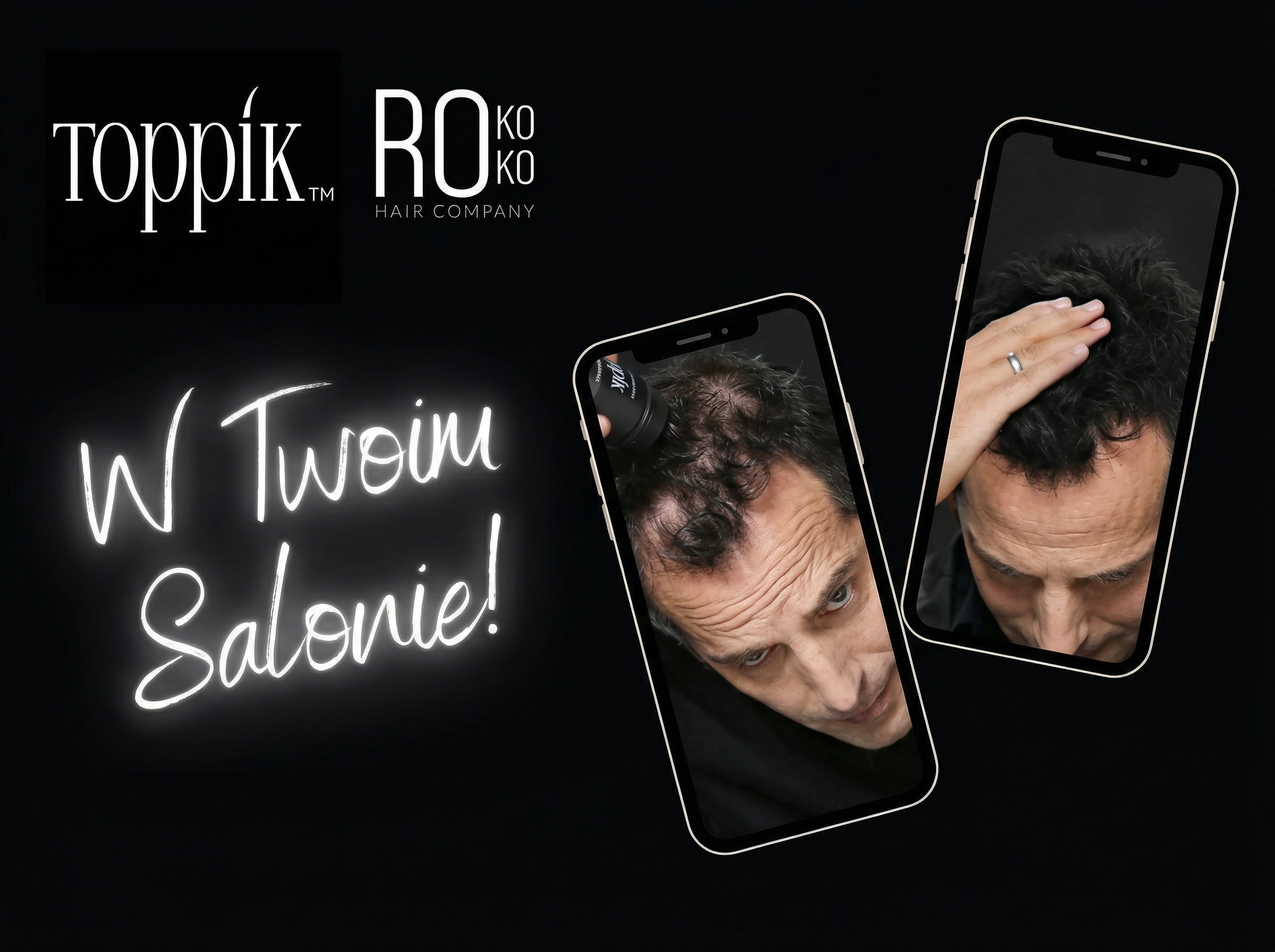 Ciemna grafika z&nbsp;logo Toppik i&nbsp;Rokoko oraz zdjęciami telefonu pokazującymi aplikację włókien zagęszczających na&nbsp;skórze głowy.