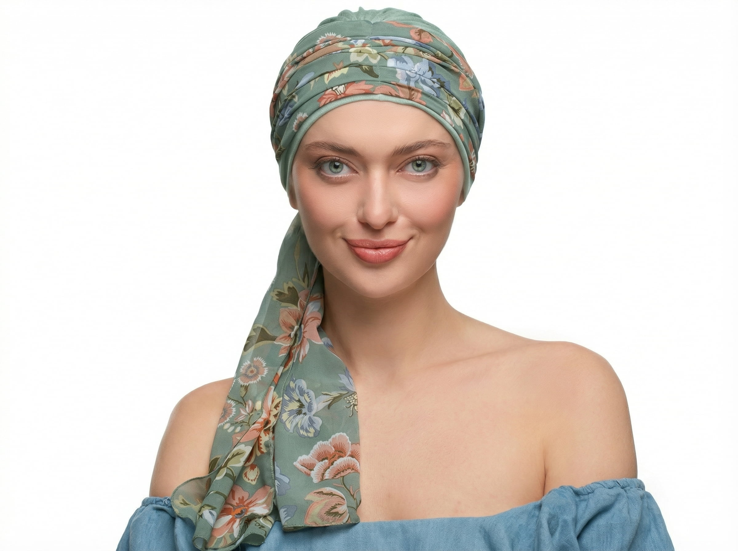 Kobieta w&nbsp;odkrytej, niebieskiej bluzce ma na&nbsp;głowie długi, wiązany turban w&nbsp;pastelowych kolorach, którego końcówka swobodnie opada na&nbsp;ramię.