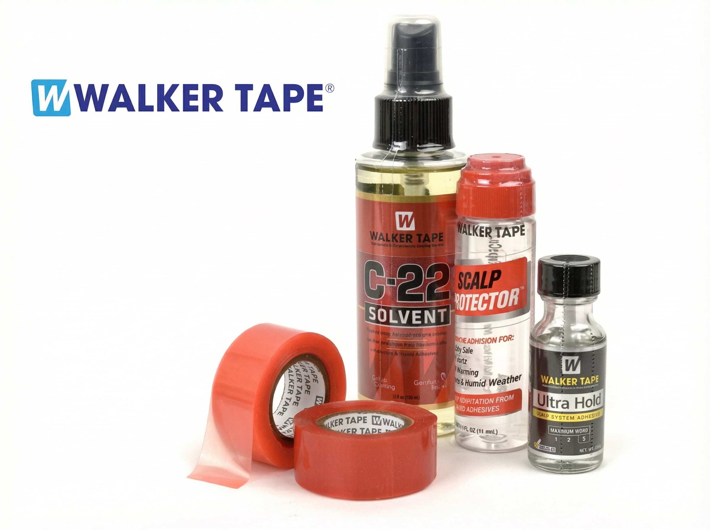 Produkty Walker Tape na&nbsp;białym tle: przezroczysty klej Ultra Hold, pomarańczowy zmywacz C-22 Solvent oraz rolki mocnej, czerwonej taśmy dwustronnej.