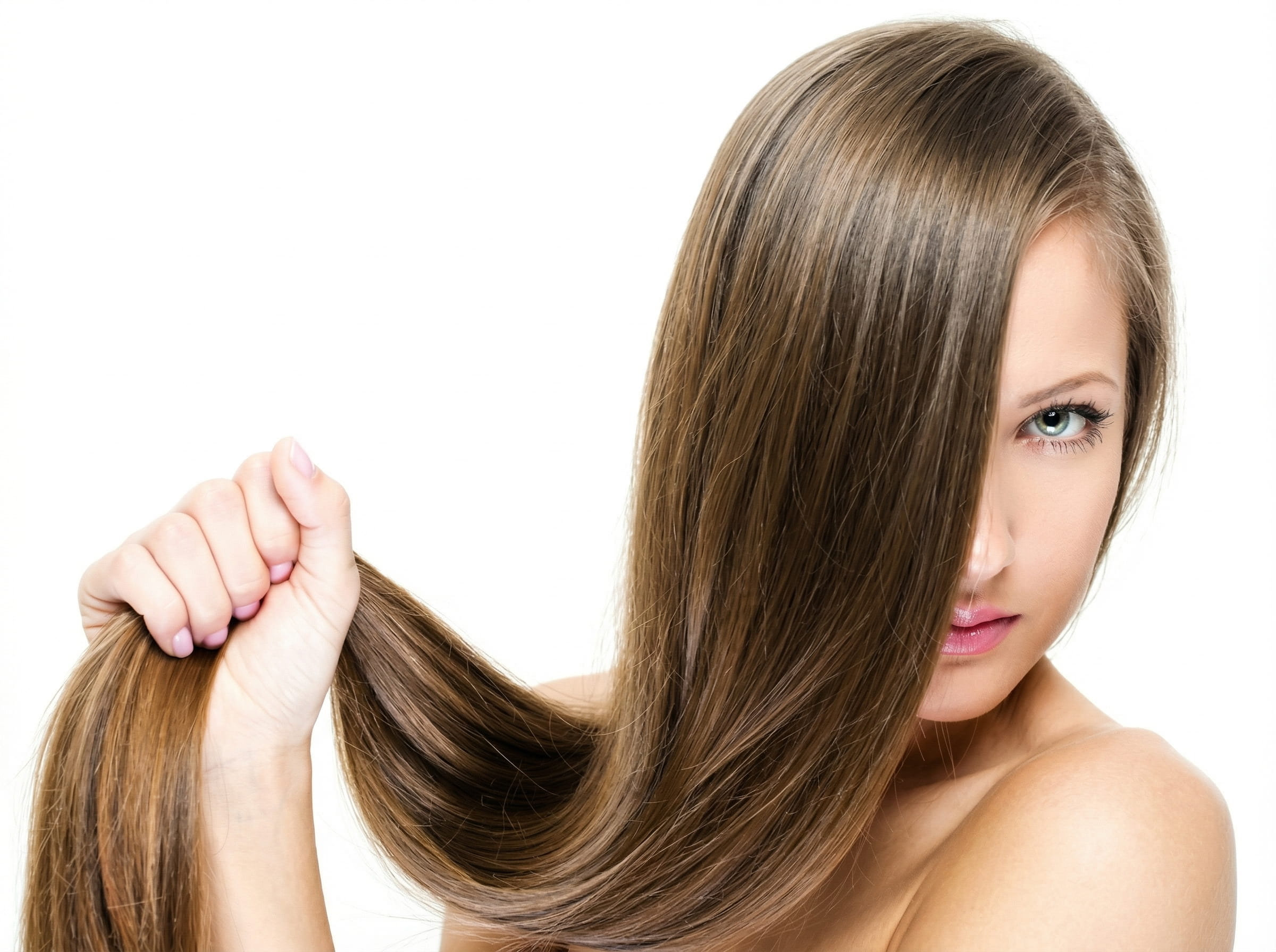Kobieta o&nbsp;długich, prostych włosach w&nbsp;odcieniu naturalnego brązu trzyma w&nbsp;dłoni gęste pasmo, prezentując efekt zagęszczania i&nbsp;przedłużania włosów.